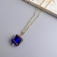 Retro Square Stainless Steel Inlay Glass Pendant Necklace sku image 7