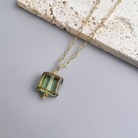 Retro Square Stainless Steel Inlay Glass Pendant Necklace sku image 8