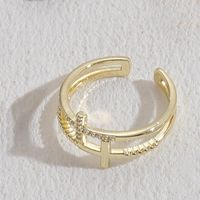 Elegant Shiny Cross Copper Plating Inlay Zircon 14k Gold Plated Open Ring sku image 1