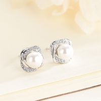 1 Pair Simple Style Commute Round Inlay Sterling Silver Pearl Zircon Ear Studs main image 4