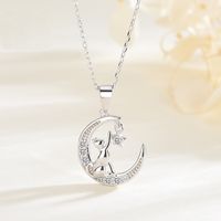 Simple Style Moon Cat Sterling Silver Inlay Zircon Pendant Necklace main image 1