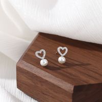 1 Pair Elegant Heart Shape Pearl Inlay Sterling Silver Artificial Diamond Ear Studs sku image 1