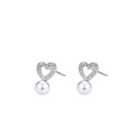 1 Pair Elegant Heart Shape Pearl Inlay Sterling Silver Artificial Diamond Ear Studs main image 2