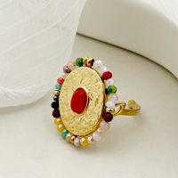 304 Stainless Steel Beaded 14K Gold Plated Vacation Plating Colorful Oval Natural Stone Crystal Beads Open Ring sku image 1
