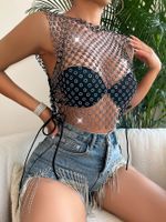 Women's Vest Tank Tops Mesh Hollow Out Diamond Sexy Streetwear Solid Color main image 5
