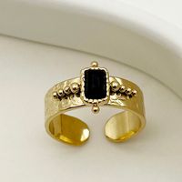 Retro Rectangle 304 Stainless Steel 14K Gold Plated Natural Stone Open Ring In Bulk main image 1