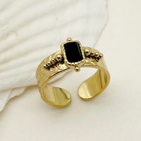 Retro Rectangle 304 Stainless Steel 14K Gold Plated Natural Stone Open Ring In Bulk main image 3