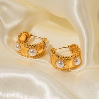 1 Pair Elegant Classic Style C Shape Plating Inlay Stainless Steel Artificial Pearls 18k Gold Plated Earrings main image 3
