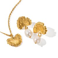 Wholesale Elegant Retro Ginkgo Leaf Stainless Steel Imitation Pearl Plating 18k Gold Plated Earrings Necklace main image 2