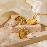 Wholesale Elegant Retro Ginkgo Leaf Stainless Steel Imitation Pearl Plating 18k Gold Plated Earrings Necklace main image 5