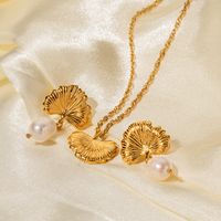 Wholesale Elegant Retro Ginkgo Leaf Stainless Steel Imitation Pearl Plating 18k Gold Plated Earrings Necklace main image 4