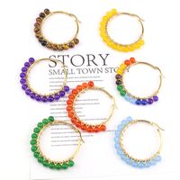 1 Pair Retro Simple Style Round Beaded Plating Natural Stone Copper Hoop Earrings main image 4