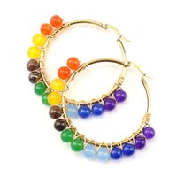1 Pair Retro Simple Style Round Beaded Plating Natural Stone Copper Hoop Earrings main image 3