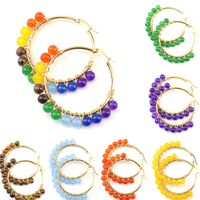 1 Pair Retro Simple Style Round Beaded Plating Natural Stone Copper Hoop Earrings main image 1