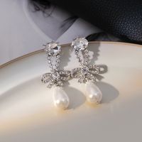 1 Pair Casual Simple Style Heart Shape Flower Bow Knot Enamel Plating Inlay Alloy Rhinestones Pearl Drop Earrings sku image 17