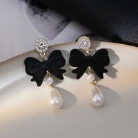 1 Pair Casual Simple Style Heart Shape Flower Bow Knot Enamel Plating Inlay Alloy Rhinestones Pearl Drop Earrings sku image 18
