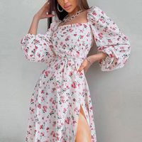 Women's Slit Dress Casual Sexy Square Neck Long Sleeve Ditsy Floral Midi Dress Holiday sku image 8