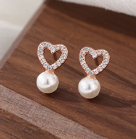 1 Pair Elegant Heart Shape Pearl Inlay Sterling Silver Artificial Diamond Ear Studs sku image 3