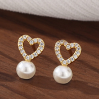 1 Pair Elegant Heart Shape Pearl Inlay Sterling Silver Artificial Diamond Ear Studs sku image 2