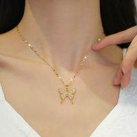 Stainless Steel Copper Sweet Inlay Butterfly Artificial Gemstones Pendant Necklace main image 3