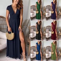 Women's A-line Skirt Sheath Dress Wedding Simple Style Classic Style V Neck Deep V Plunging Neck Thigh Slit Slit Ruched Short Sleeve Simple Solid Color Maxi Long Dress Banquet Daily Party main image 11