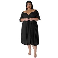 Pleated Skirt Streetwear V Neck Half Sleeve Solid Color Midi Dress Daily main image 4