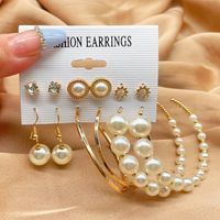 6 Pairs Lady Streetwear Pearl Beaded Alloy Hoop Earrings Drop Earrings Ear Studs main image 5