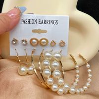 6 Pairs Lady Streetwear Pearl Beaded Alloy Hoop Earrings Drop Earrings Ear Studs main image 4