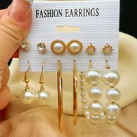 6 Pairs Lady Streetwear Pearl Beaded Alloy Hoop Earrings Drop Earrings Ear Studs main image 2