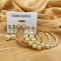 6 Pairs Lady Streetwear Pearl Beaded Alloy Hoop Earrings Drop Earrings Ear Studs main image 3