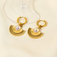 201 Stainless Steel 18K Gold Plated Lady Plating Inlay Sector Artificial Pearls Earrings Necklace main image 4
