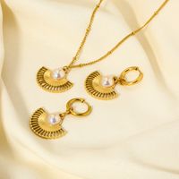 201 Stainless Steel 18K Gold Plated Lady Plating Inlay Sector Artificial Pearls Earrings Necklace main image 6