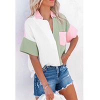 Women's Blouse Short Sleeve T-shirts Pocket Patchwork Casual Classic Style Color Block sku image 17