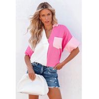 Women's Blouse Short Sleeve T-shirts Pocket Patchwork Casual Classic Style Color Block sku image 9