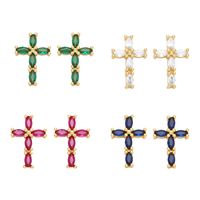 1 Pair Retro Simple Style Cross Copper Plating Inlay Zircon 18k Gold Plated Ear Studs main image 1
