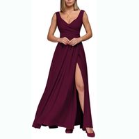 Femmes Robe Fendue Élégant Sexy Col En V Fente Patchwork Lavé Sans Manches Couleur Unie Maxi Longue Robe Banquet main image 6