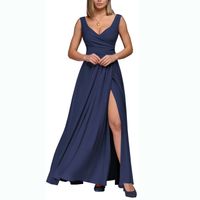 Femmes Robe Fendue Élégant Sexy Col En V Fente Patchwork Lavé Sans Manches Couleur Unie Maxi Longue Robe Banquet main image 4