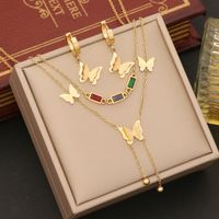 Stainless Steel 18K Gold Plated Elegant Sweet Inlay Butterfly Zircon Bracelets Earrings Necklace main image 1
