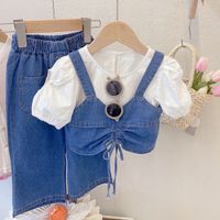 Casual Solid Color Elastic Drawstring Design Ruched Wide Leg Cotton Girls Clothing Sets main image 1