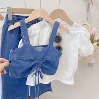 Casual Solid Color Elastic Drawstring Design Ruched Wide Leg Cotton Girls Clothing Sets main image 3