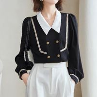 Women's Blouse Long Sleeve Blouses Buckle Patchwork Button Elegant Sexy Solid Color main image 1