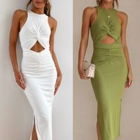Women's A-line Skirt Sexy Round Neck Patchwork Sleeveless Solid Color Midi Dress Party main image 1