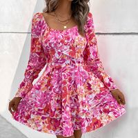 Elegant Flower Square Neck Long Sleeve Printing Patchwork Midi Dress A-line Skirt main image 5