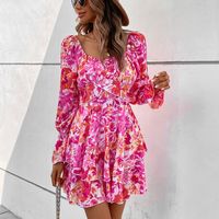 Elegant Flower Square Neck Long Sleeve Printing Patchwork Midi Dress A-line Skirt main image 6