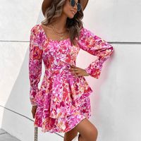 Elegant Flower Square Neck Long Sleeve Printing Patchwork Midi Dress A-line Skirt main image 2