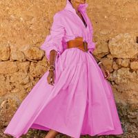 Women's A-line Skirt Casual Turndown Long Sleeve Solid Color Maxi Long Dress Street main image 4