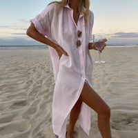 Women's Shirt Dress Casual Turndown Long Sleeve Solid Color Midi Dress Beach main image 5