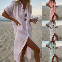 Women's Shirt Dress Casual Turndown Long Sleeve Solid Color Midi Dress Beach main image 1