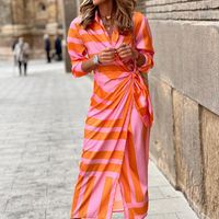 Women's Regular Dress Casual Elegant Turndown Printing Long Sleeve Stripe Midi Dress Daily sku image 1
