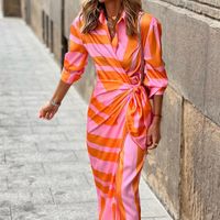 Women's Regular Dress Casual Elegant Turndown Printing Long Sleeve Stripe Midi Dress Daily main image 4